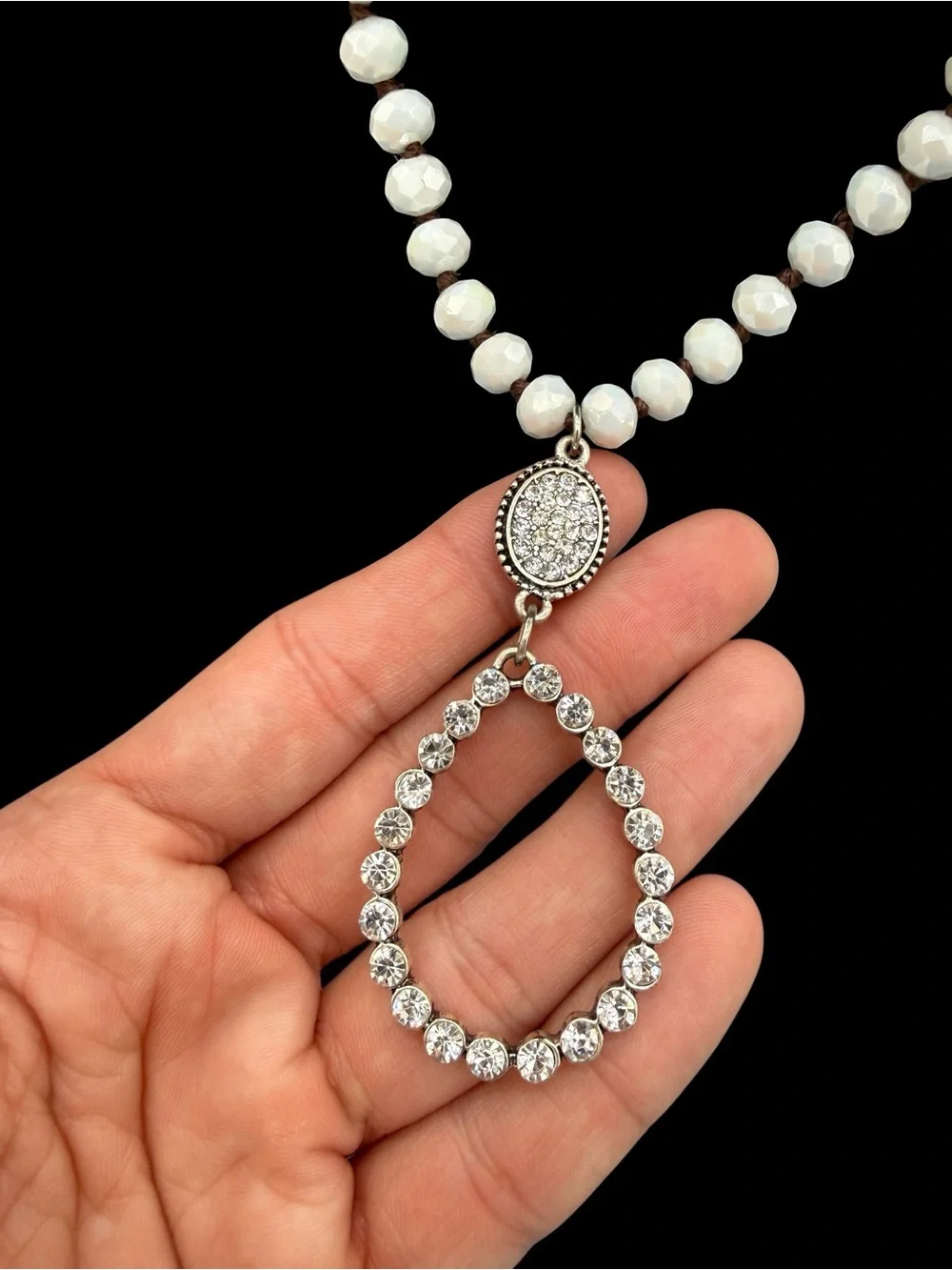 White Faceted Glass Beaded Long Necklace with Rhinestone Teardrop Pendant